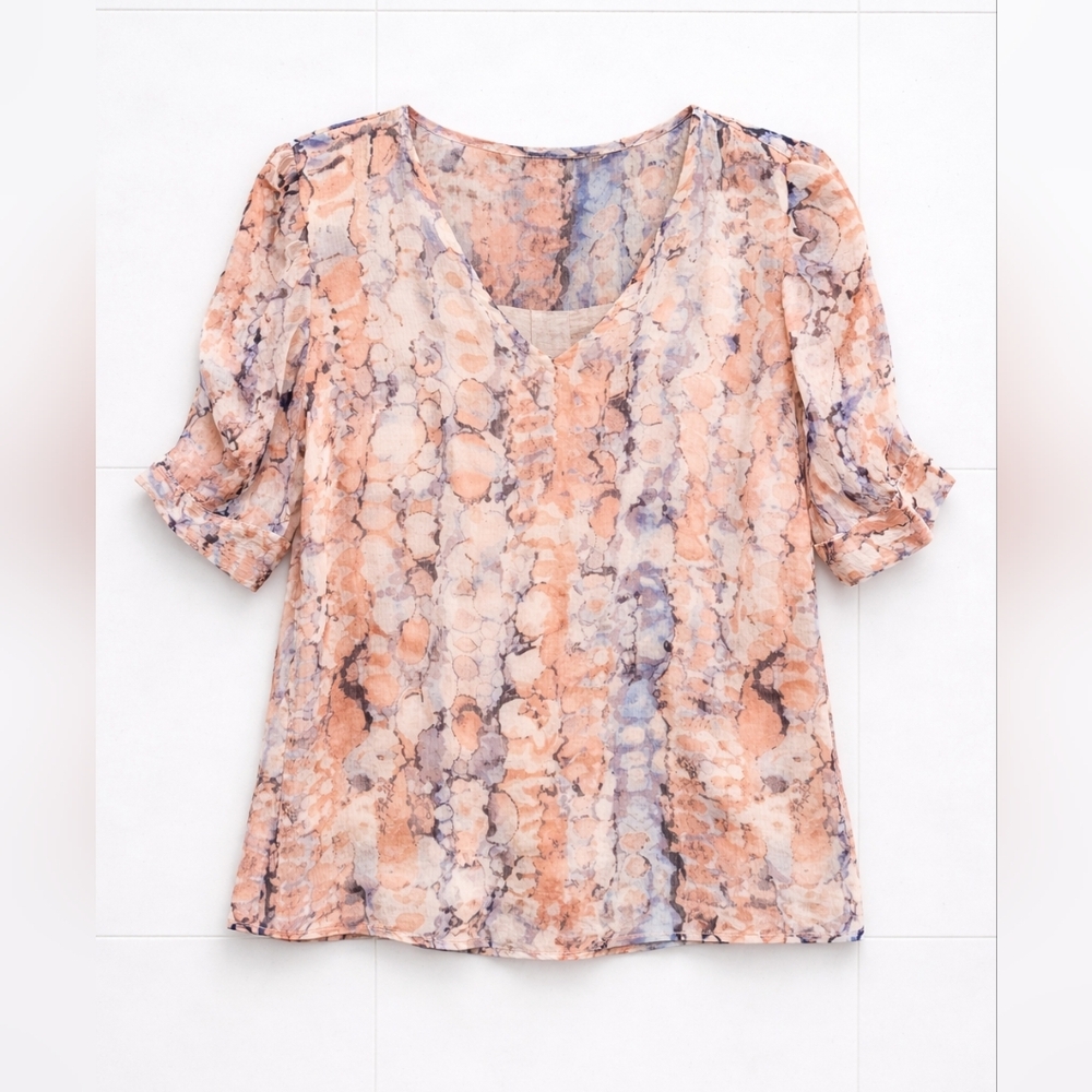Fransa Short Sleeve Flowy Top - pink, blue, cream pattern - size XL